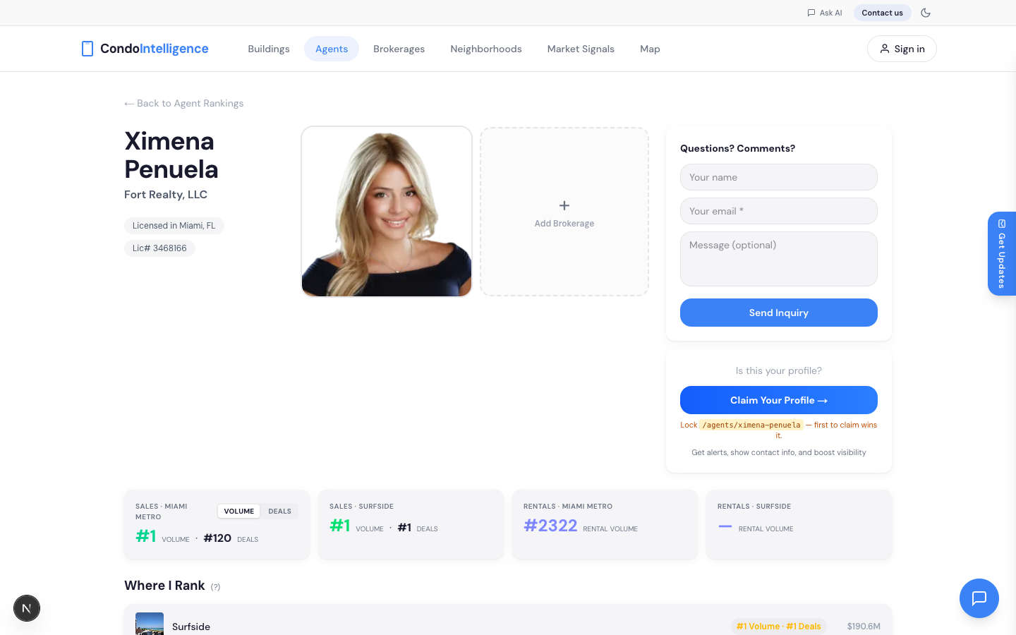A CondoIntelligence agent profile showing real closed sales, rankings, and a claim button.